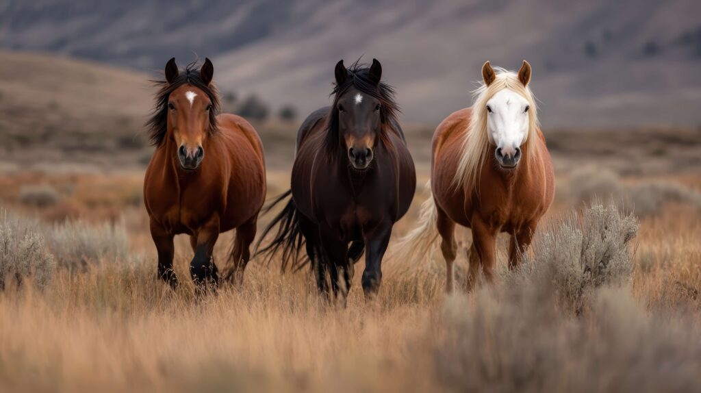 3 Dark brown horses standing.