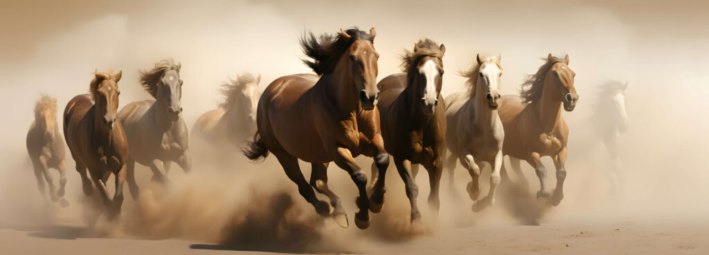 Horses running in sand.